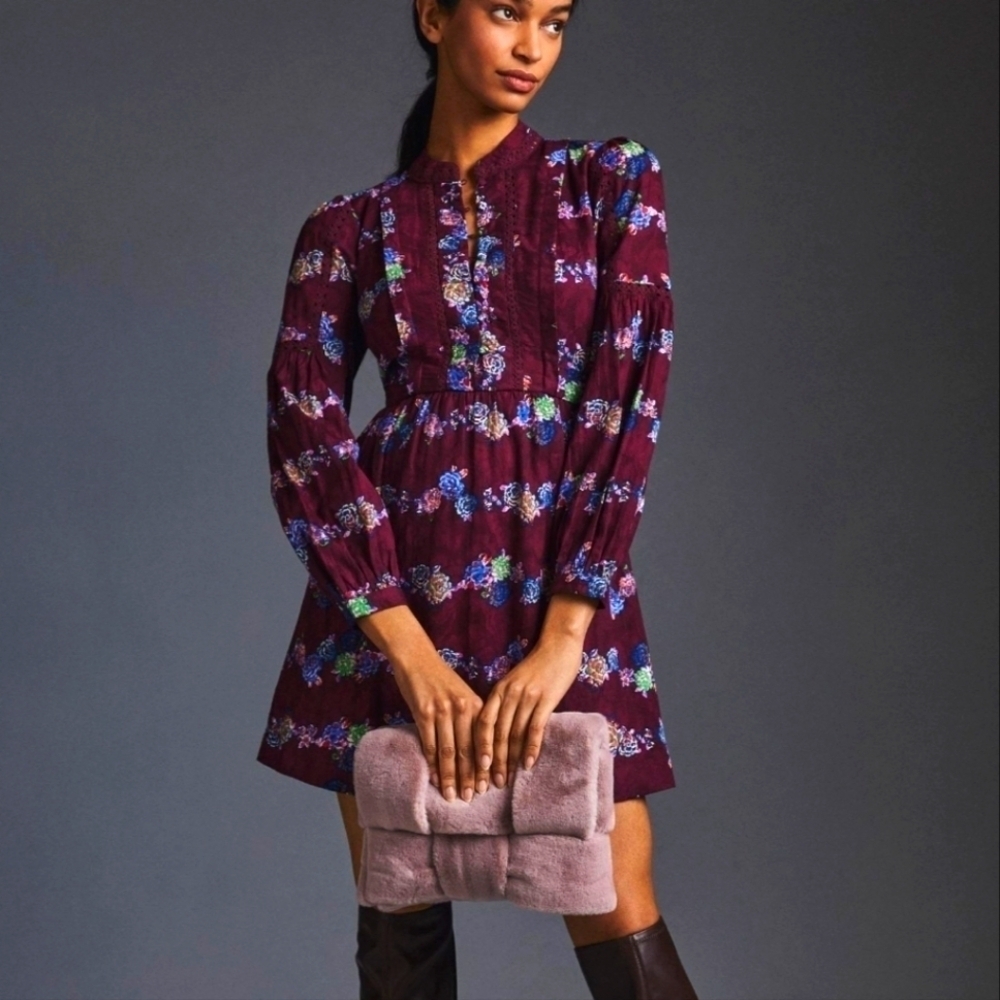 By Anthropology Mini tunic dress purple floral fit flare long sleeves size XS